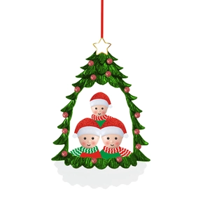 Christmas tree ornament featuring three people with red hats and white space for name custom