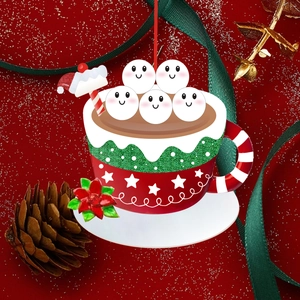 Christmas marshmallow snowman in a red cocoa cup ornament with candy cane handle