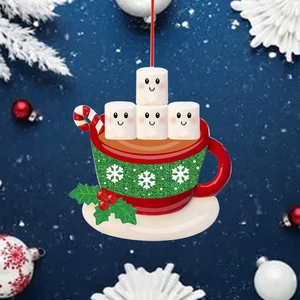 Christmas marshmallow cocoa cup hanging ornament with festive red and green glitter details