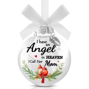 Christmas memorial ball with white feathers and Angel in Heaven Mom message