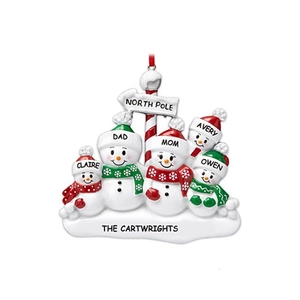 Customized 5-member snowman family Christmas ornament with North Pole signpost design