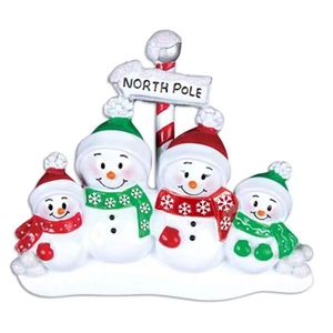 Resin Snowman Family of Four Christmas Ornament with North Pole Signpost decoration