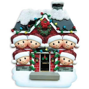Christmas snowman family of 6 house ornament with red sequins and festive wreath