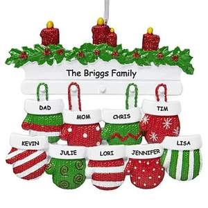 Detailed Christmas tree ornament with 9 personalized colorful mittens and candles