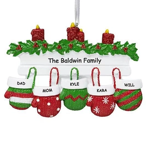 Christmas fireplace resin ornament with candles and five patterned hanging mittens