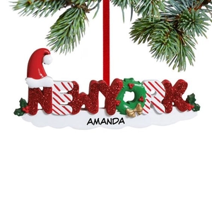 New York Christmas tree ornament with red glitter letters and custom name tag