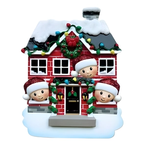 Detailed resin Christmas house ornament featuring snowy roof and snowman figures in windows