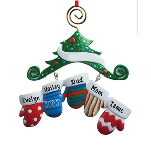 Personalized family of 5 resin Christmas tree ornament with colorful hanging mittens