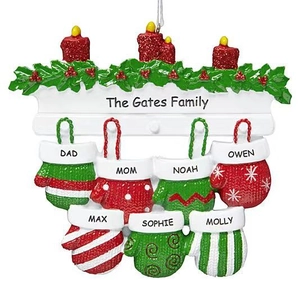 Personalized Christmas Family Mittens Resin Ornament Red Candle Green Holly Leaves Hanging Decoration For Xmas Tree Gift
