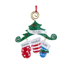 Custom resin Christmas tree ornament with 3 personalized hanging mittens for family gifts