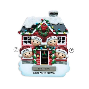 Customized 4-person family Christmas house ornament with snow roof and festive wreath