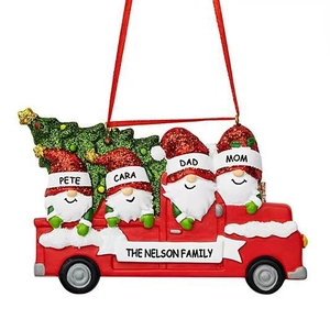 Custom resin Red Truck Christmas ornament with family gnomes and sparkling tree