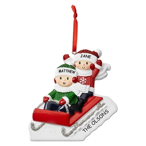 Custom children on red sled resin Christmas ornament with hanging silk ribbon