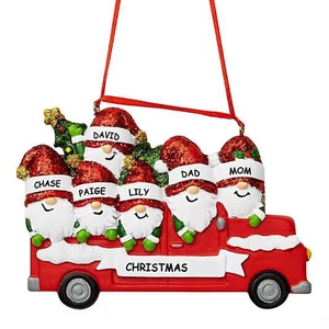 Personalized Christmas gnome family in red truck hanging ornament for tree decoration