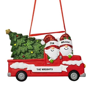 Customized red truck resin Christmas ornament with gnomes and green glitter tree