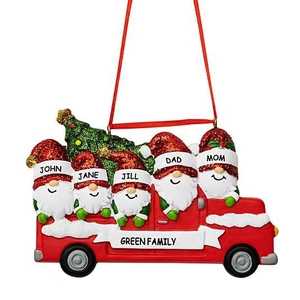 Christmas truck resin ornament with five gnomes, sequin hats and a green family banner