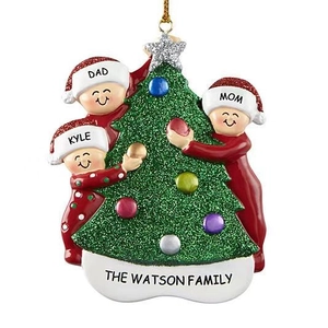 Customized resin family Christmas tree ornament with three people in red pajamas