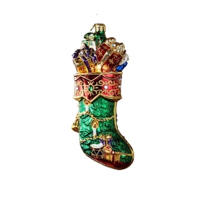 Detailed resin Christmas stocking ornament with green enamel and gift box inserts