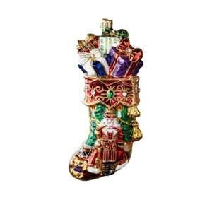 Jeweled Christmas stocking pendant with nutcracker design and colorful gift box details