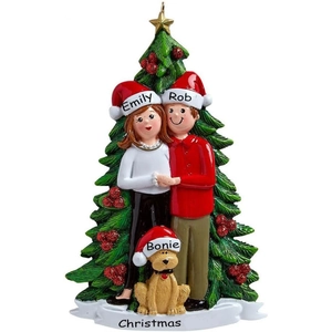 Customized Christmas tree resin ornament featuring a couple with their dog in Santa hats