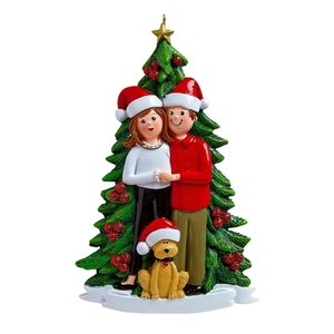 Christmas tree family ornament with a couple, golden retriever, and white name plate