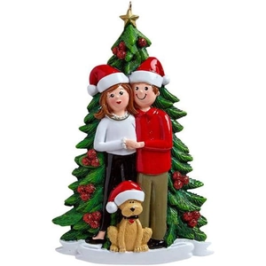 Christmas tree resin ornament featuring a couple with dog and gold star topper