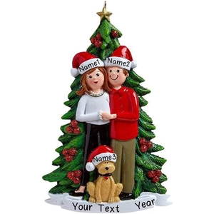 Custom resin Christmas tree ornament featuring a couple with a dog and festive decorations