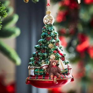 Christmas Tree Ornament Resin Green Tree Teddy Bear Red Plaid Base Glitter Hanging Decoration For Christmas Party Home Decor