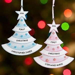 Custom blue and pink Christmas tree resin ornaments with glitter finish and stars