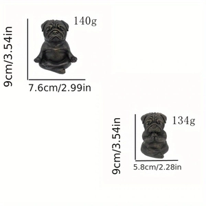 Size and weight specifications for two bronze-finish resin meditating pug garden statues