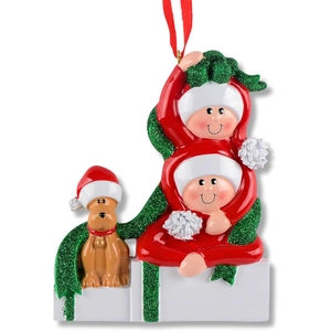 Personalized Christmas couple and dog ornament made of resin with red silk ribbon