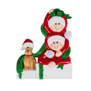 Personalized Christmas resin ornament with couple, brown dog and green glitter accents