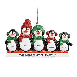 Personalized family of 5 penguins resin Christmas ornament with glitter hats and gold string