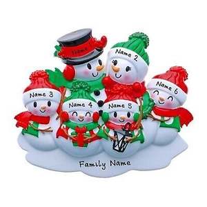 Ornamento natalizio personalizzato famiglia di 6 pupazzi di neve con cappelli rossi e verdi