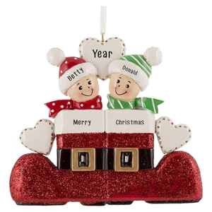 Customized family resin Christmas boot ornament with red glitter and personalized names