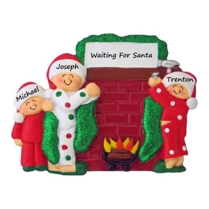Personalized snowman family resin Christmas ornament with fireplace and stockings