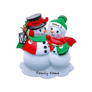 Ornamento natalizio personalizzabile con famiglia di pupazzi di neve in resina e dettagli festivi