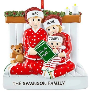 Customized resin family Christmas ornament with parents and child in red pajamas