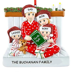 Christmas family of four resin hanging ornament with red festive pajamas and personalized names