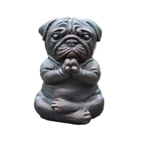 Meditating Pug dog statue garden ornament with stone texture for outdoor patio decor