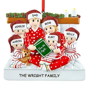 Personalized Christmas family of 6 hanging ornament with red pajamas and a storybook