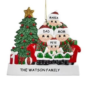 Personalized Christmas family resin ornament with four members and festive Xmas tree