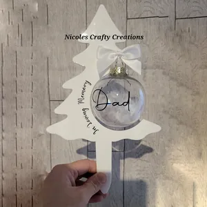 Memorial acrylic Christmas tree decoration with white feather bauble and Dad inscription