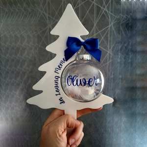 Personalized Christmas tree ornament with white feathers and blue bow for memorial gift