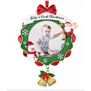 Cornice Foto Primo Natale Bimbo Ciondolo Resina Babbo Natale Pupazzo di Neve Decoro Con Fiocco Rosso Campane Oro Festa