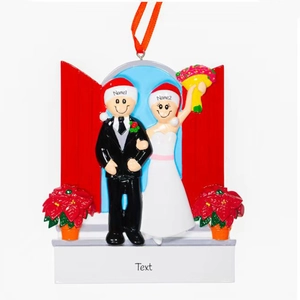 Custom bride and groom resin Christmas ornament with red door and holiday details