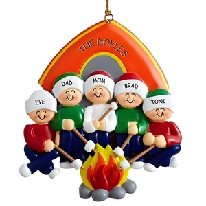 Personalized 5-person family Christmas ornament with bonfire and tent scene
