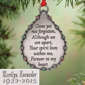 Custom silver memorial ornament with angel poem and personalized dates on pine branch