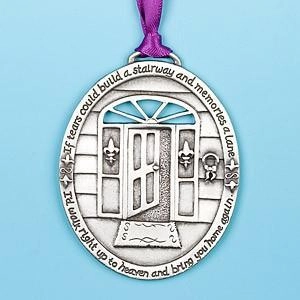 Silver oval angel memorial ornament with house engraving and purple ribbon for Christmas