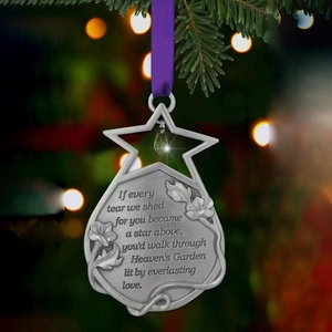 Angel memorial Christmas ornament with engraved alloy star and purple silk ribbon